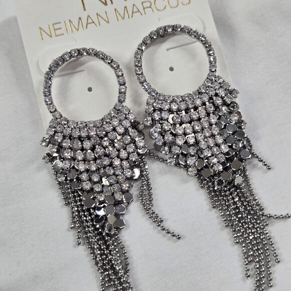 Neiman Marcus Crystal Chandelier Earrings Round Clear Rhinestone Silver 3" NWT - Picture 2 of 8